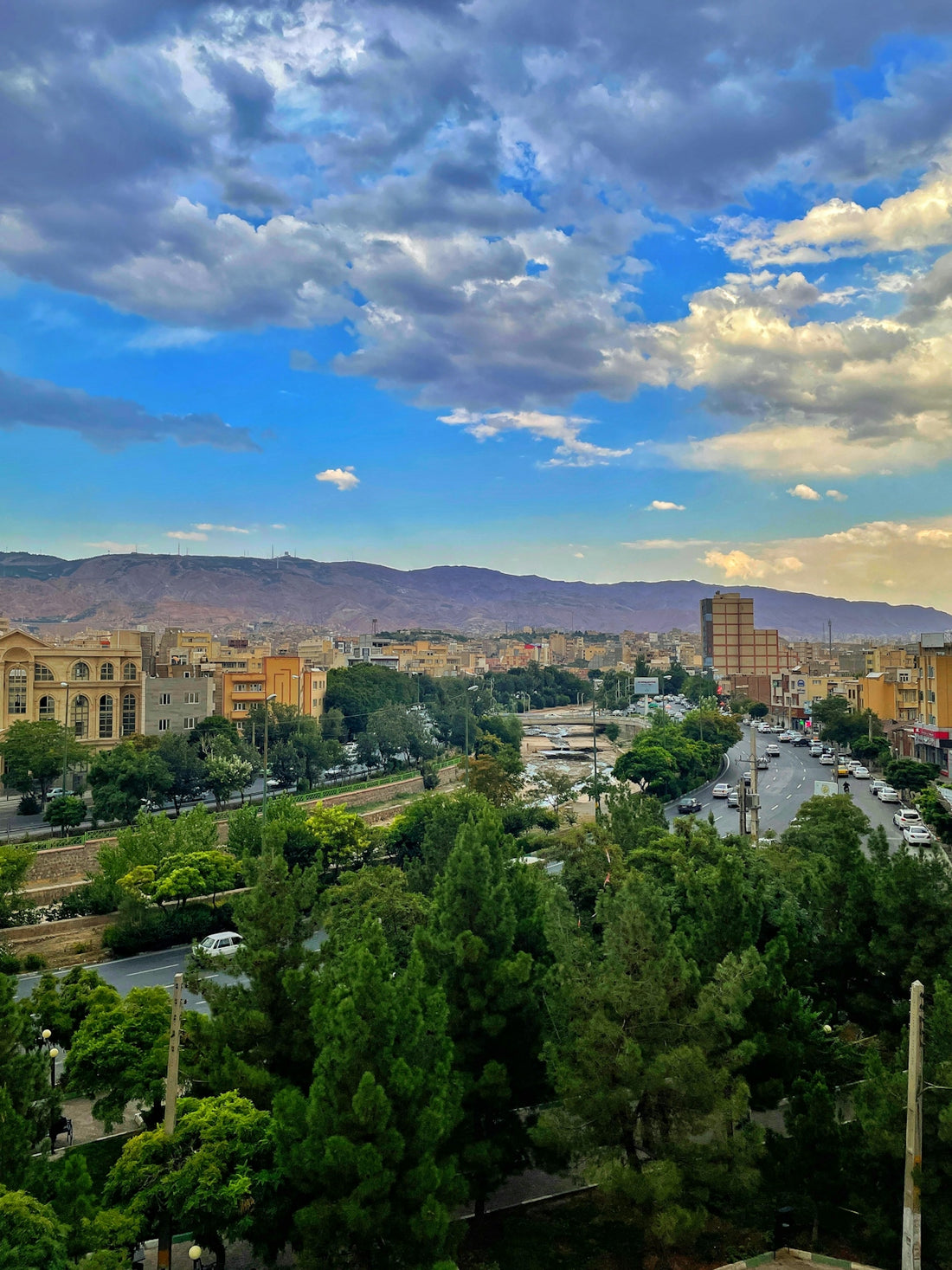 a view of a city with mountains in the background