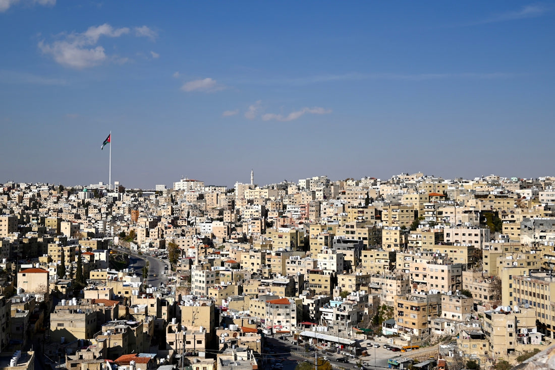 A dense city sprawls under a blue sky.