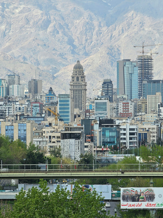 Cityscape with a domed tower and mountains in the background.